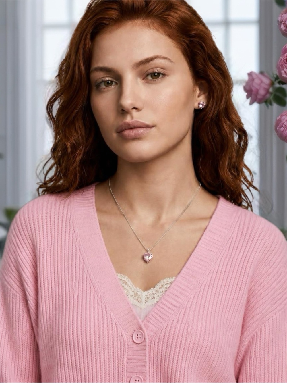 Delicate Pink Heart Pendant Necklace and Stud Earring Set